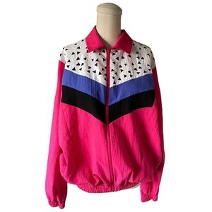 Vintage 80s 90s USA Sport Club Bright Pink Windbreaker Stripe Geo Jacket Size L